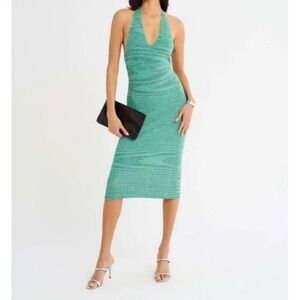 Rumored Green Halter Knit Bodycon Midi‎ L Dress Open Back Coastal Chic Cocktail